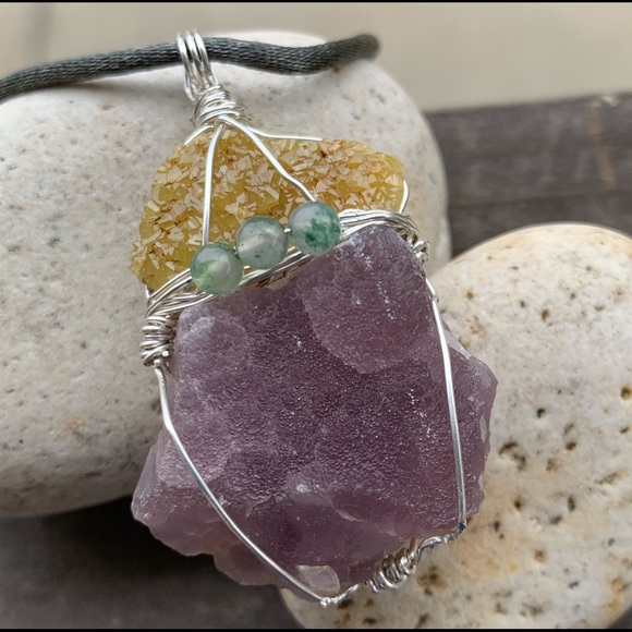 Gold Barite, Fluorite Drusy & Moss Agate Necklace - Picture 4 of 16